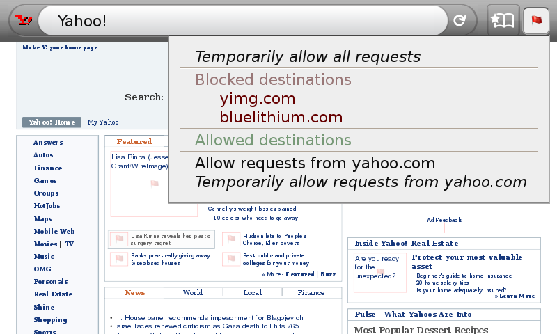 RequestPolicy extension's menu on the Fennec mobile web browser